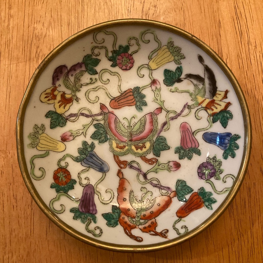 Vintage T.F.F. Japanese Porcelain Ware Hand-painted Butterfly Pewter Encased